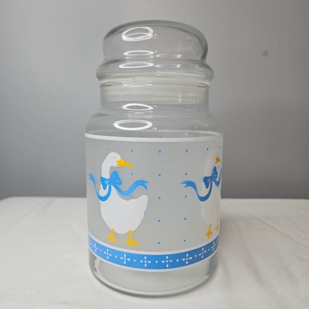 Vintage Libbey Glass Country Goose Canister Jar with Lid Blue Bow 7 Inch USA